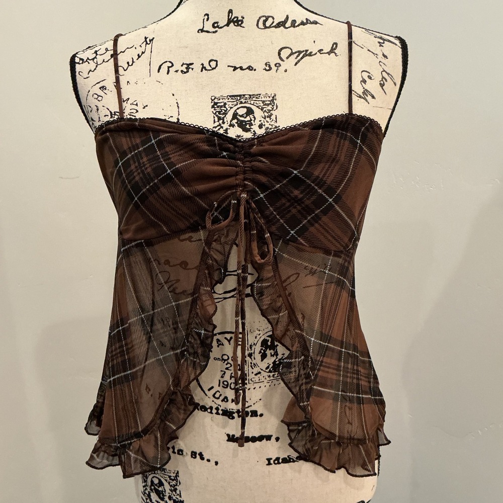 Good Days Project Camisole XL Brown Plaid Mesh Ruffle Tie Front Y2K Grunge Top